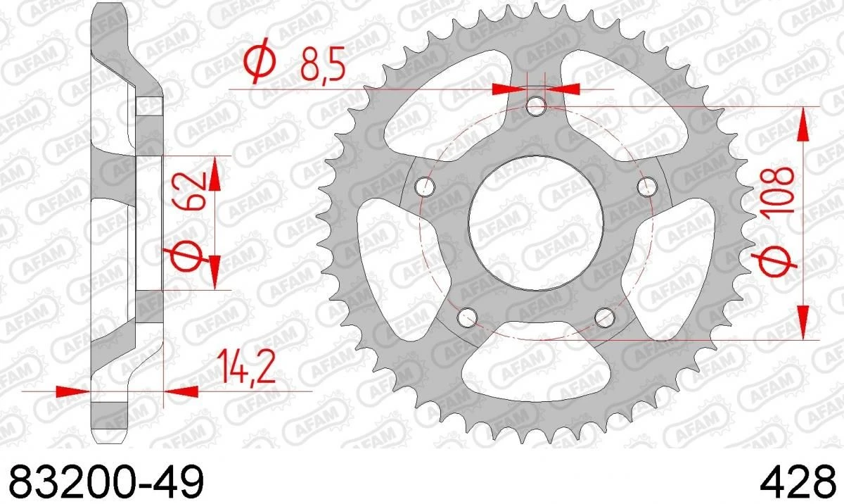AFAM Tandwiel Achterzijde Staal 49T - 428 1 AFAM Tandwiel Achterzijde Staal 49T - 428